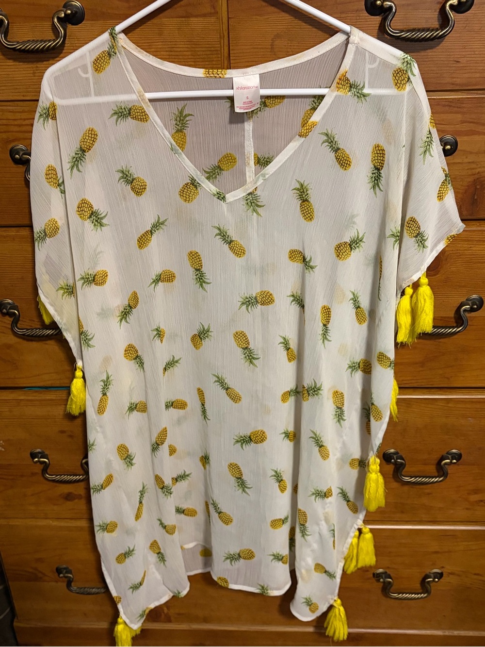 Xhilaration White Pineapple Print V-Neck Tunic with Yellow Tassels